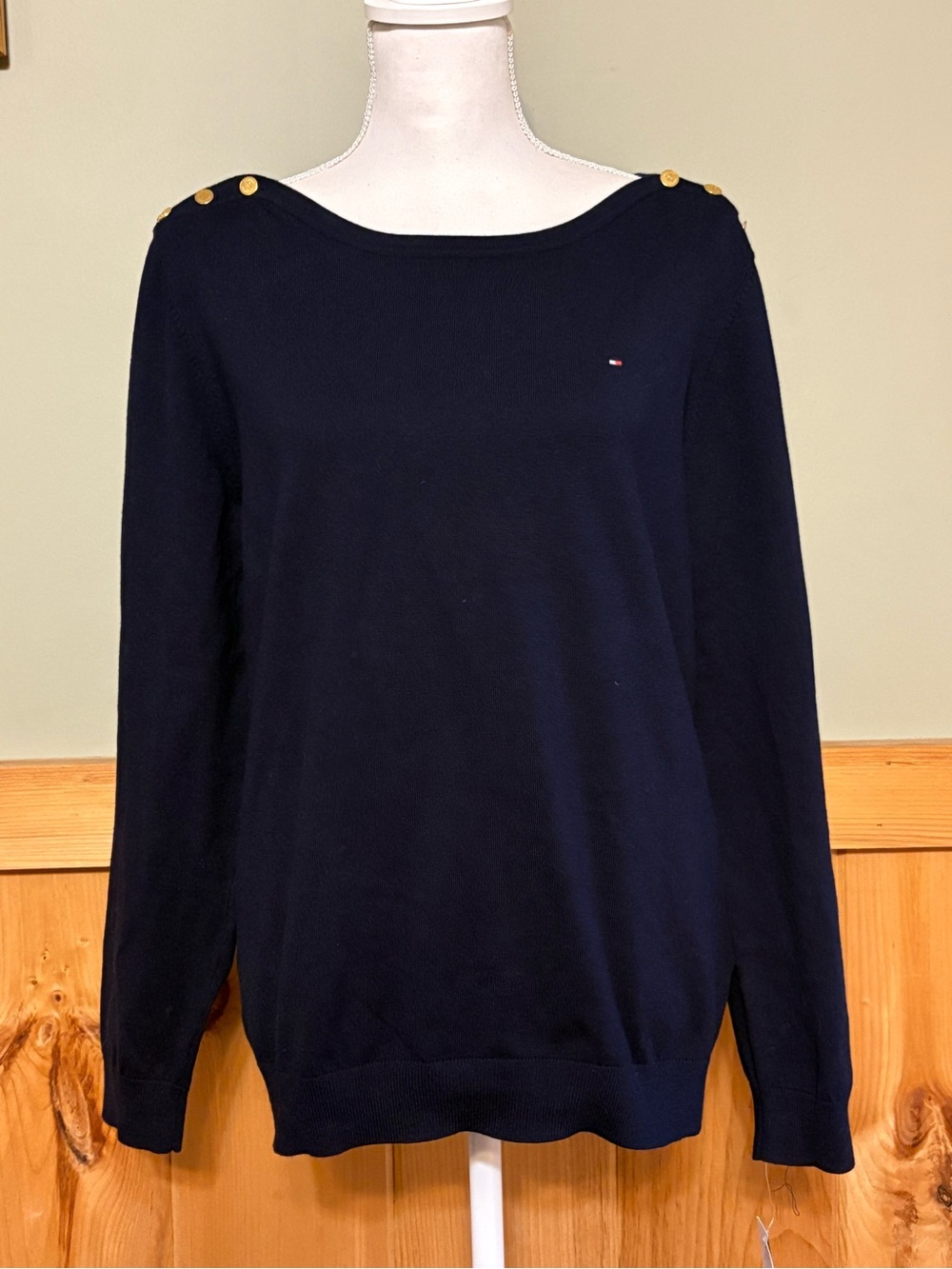 Tommy Hilfiger Navy Off-the-Shoulder Sweater with Gold Shoulder Buttons XL NWT